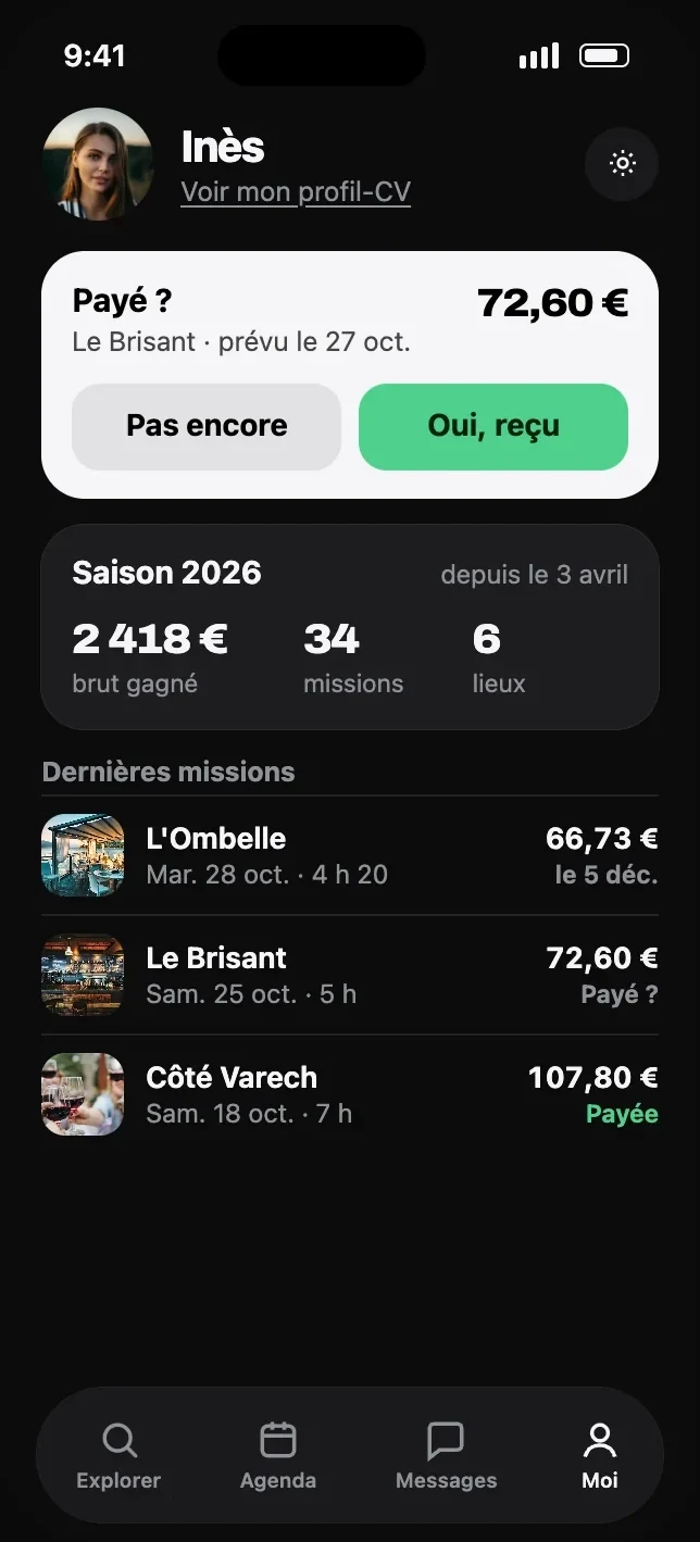 Ton profil : Payé ? Le Brisant, 72,60 €, avec Oui, reçu ou Pas encore, et tes missions de la saison.