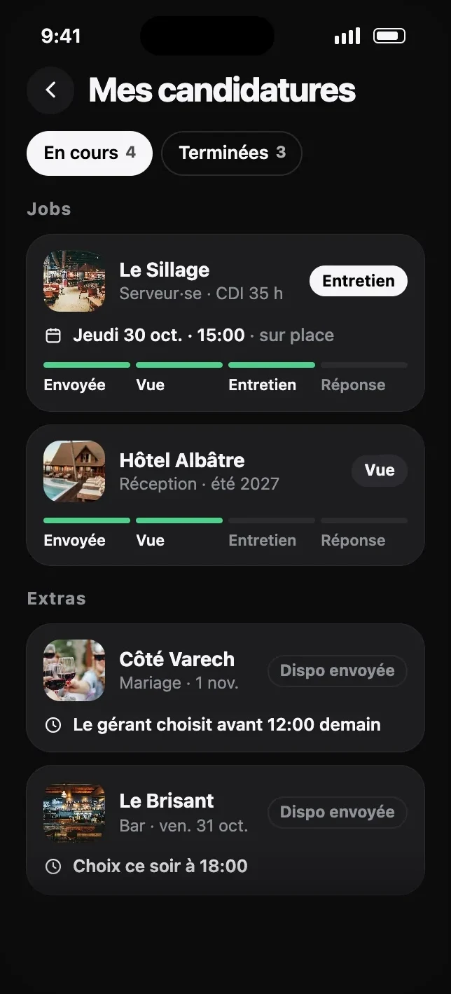 Écran Mes candidatures : envoyée, vue, entretien.
