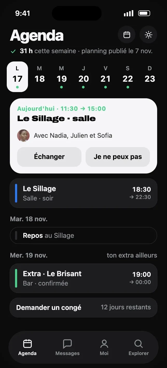 Écran Agenda : tes services de la semaine.