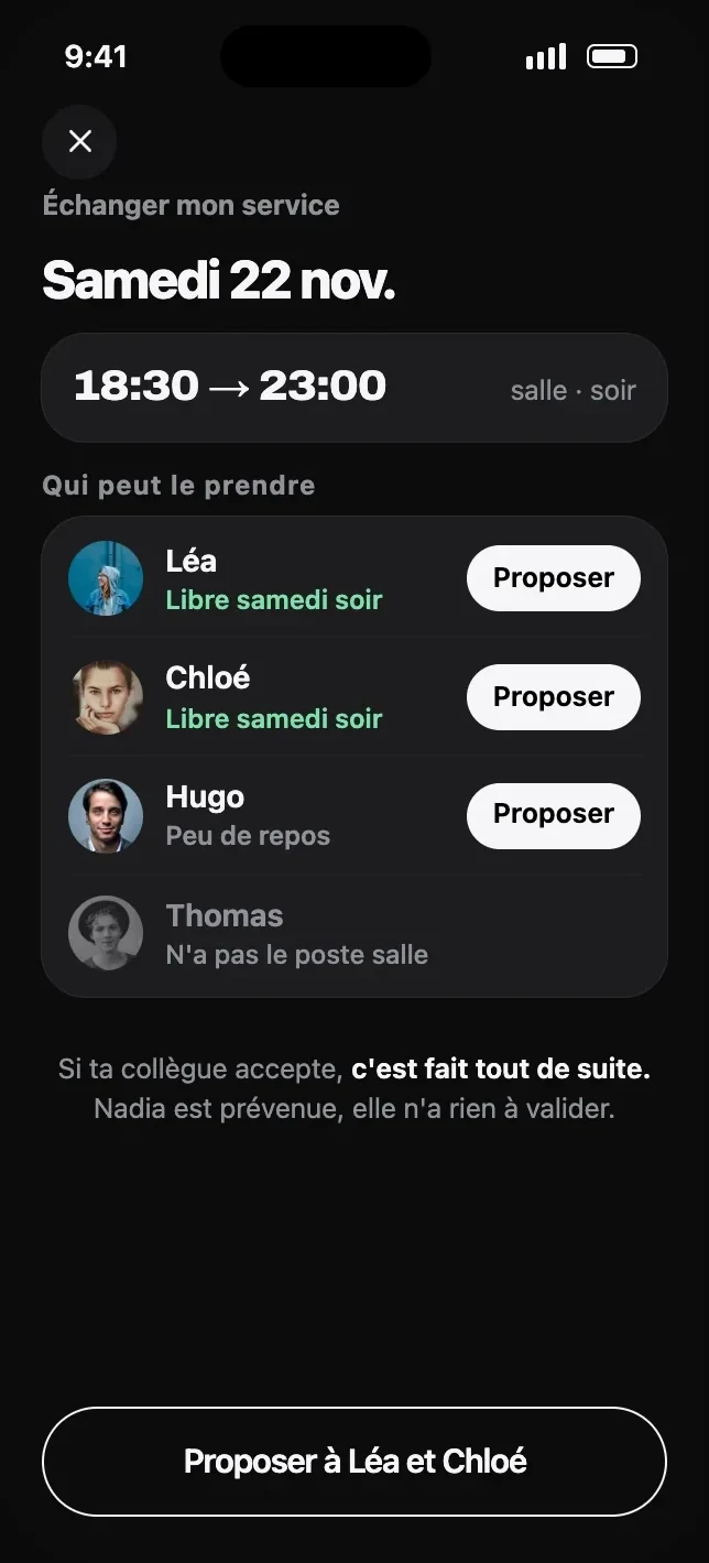 Écran Échanger mon service : les collègues qui peuvent le prendre.
