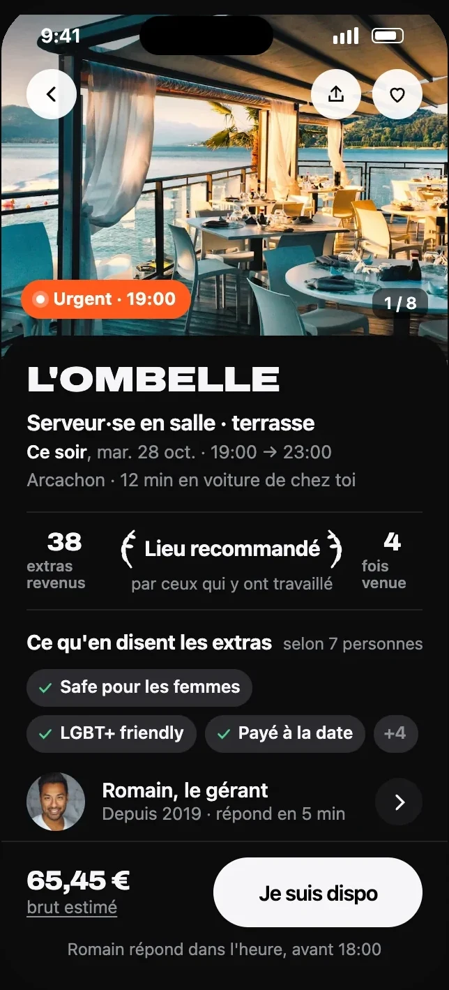 La fiche de la mission : horaire, trajet, ce que disent les extras, et le bouton Je suis dispo.